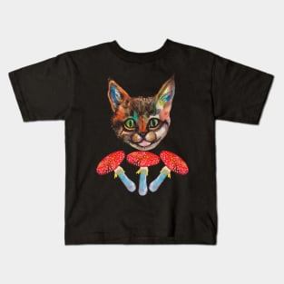 Cat and red mushrooms Fly agaric Kids T-Shirt